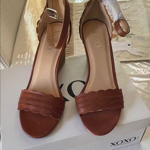 XOXO Tan-Brown Scalloped Strap Open-Toe Heels